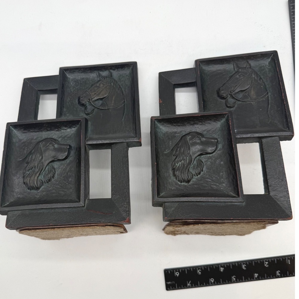 Vintage Syroco Wood Horse and Dog Relief Bookends Mid Century Modern Decor
